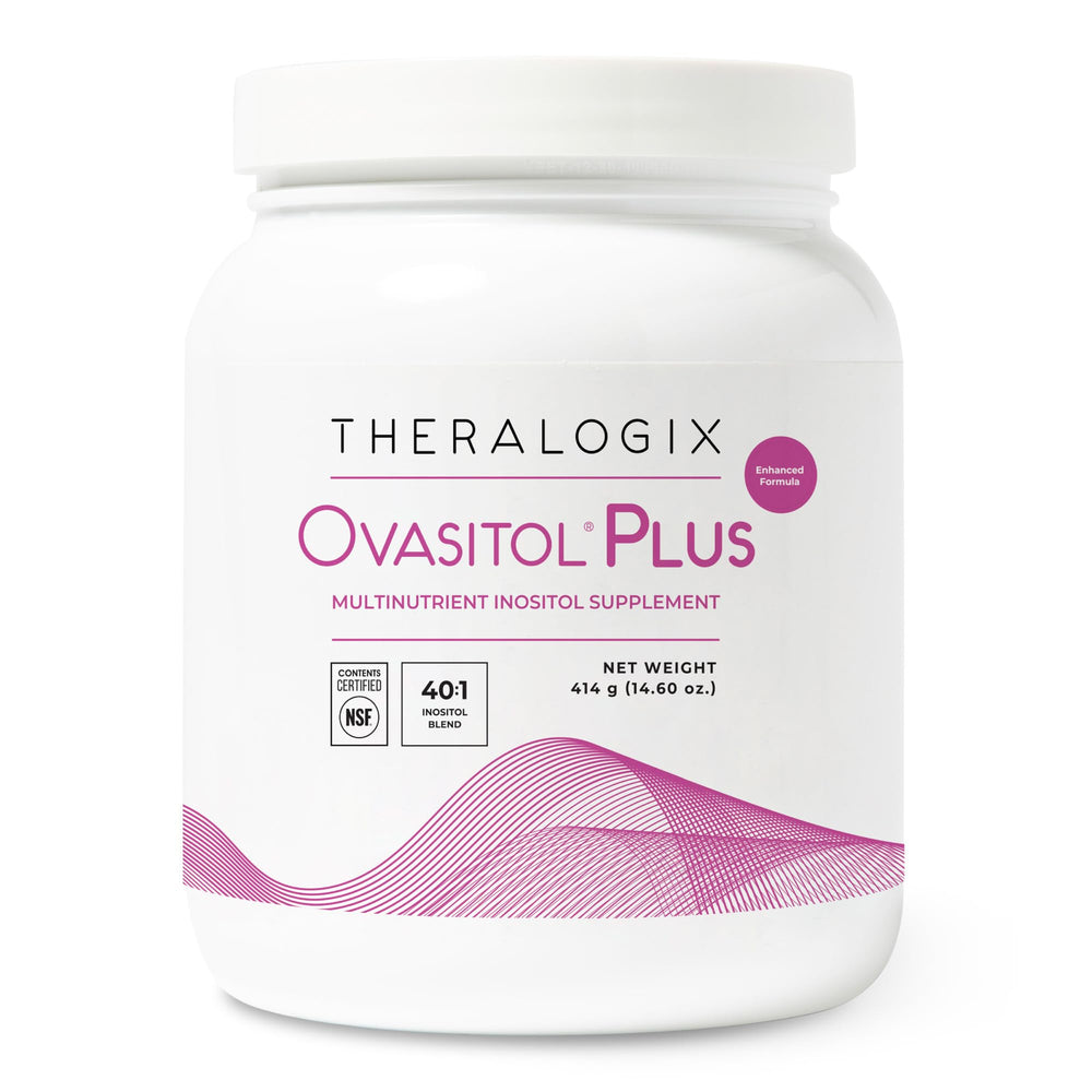 Theralogix Ovasitol Plus bottle front shows comprehensive multinutrient formula for metabolic support