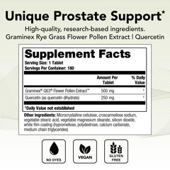Theralogix Prostate PQ bottle label highlighting rye grass pollen extract and quercetin.