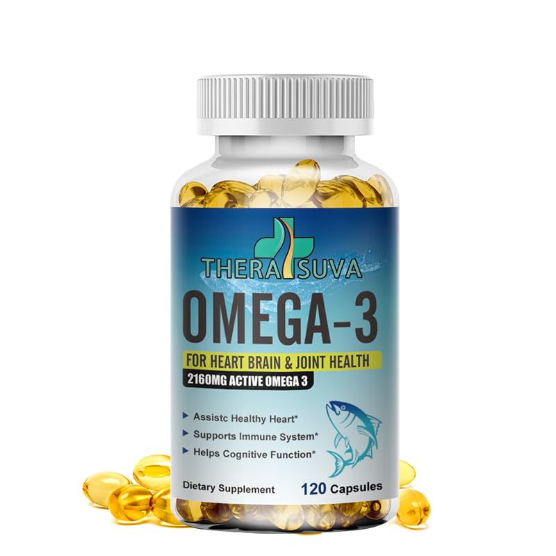 TheraSuva Triple Strength Omega-3 bottle front, supports heart and brain health.