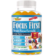 Therefore Kids Focus Gummies bottle showing the fruity, plant-based omega-3 option for daily focus