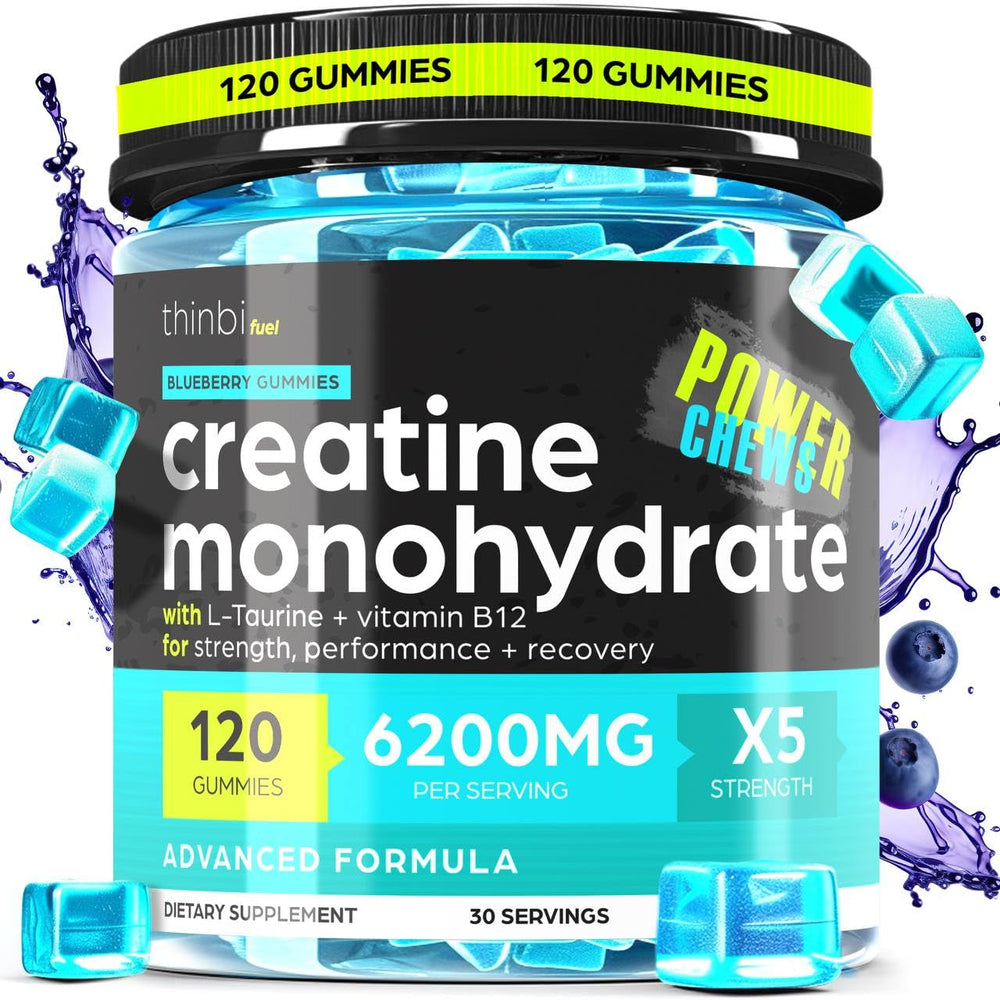 Thinbi Creatine Monohydrate Gummies Complex 6200mg bottle with 120 gummies for workouts