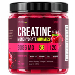 Thinbi Fuel Raspberry Creatine Gummies bottle — fast-acting, sugar-free daily supplement.