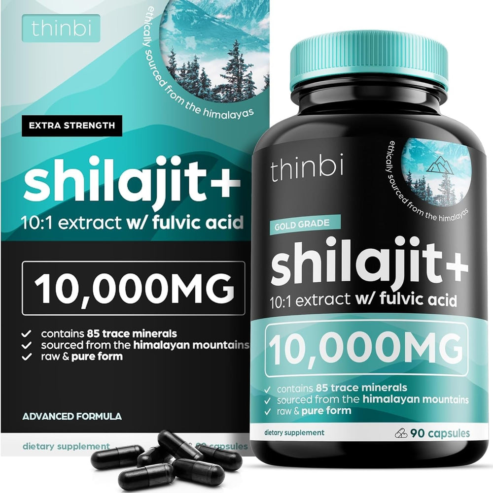 Thinbi Pure Himalayan Shilajit capsules bottle for daily vitality.