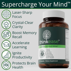 ThinkEase bottle back label shows clean-label formula and six groups.