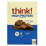 ThinkThin Brownie Crunch bar packshot highlighting high-protein, sugar-free snack.