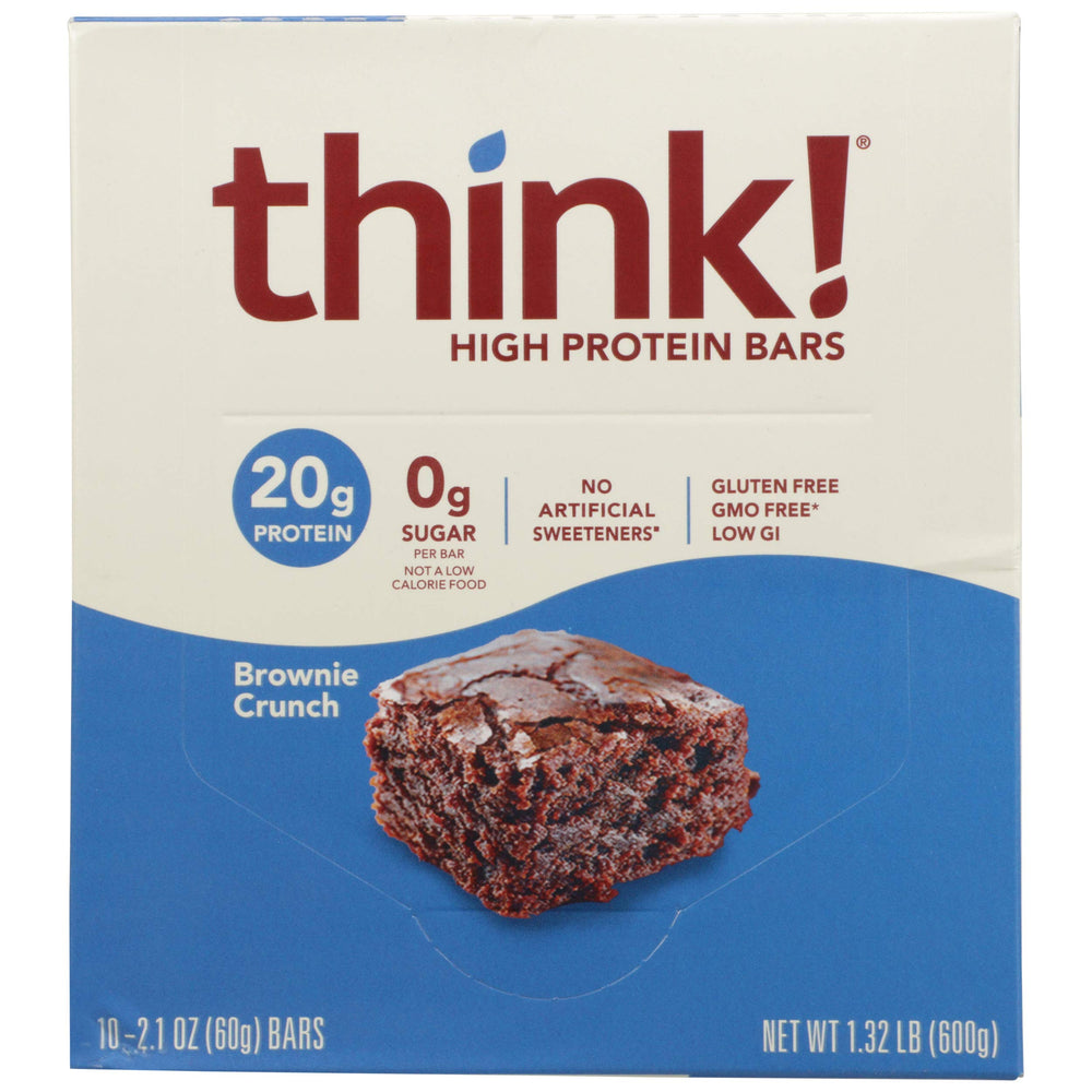 ThinkThin brownie crunch packaging in a 10-count box for on-the-go protein.