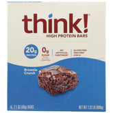 ThinkThin brownie crunch packaging in a 10-count box for on-the-go protein.