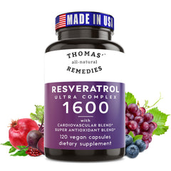 Thomas' all-natural Remedies Resveratrol 1600mg bottle for daily antioxidant support.