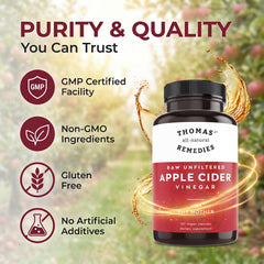 Pouring Thomas' apple cider vinegar bottle highlights an easy wellness routine.