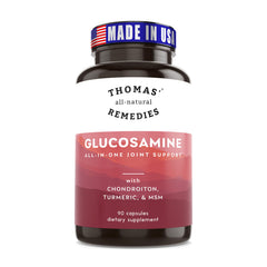 Thomas' all-natural Remedies Glucosamine Chondroitin bottle promotes daily joint comfort.