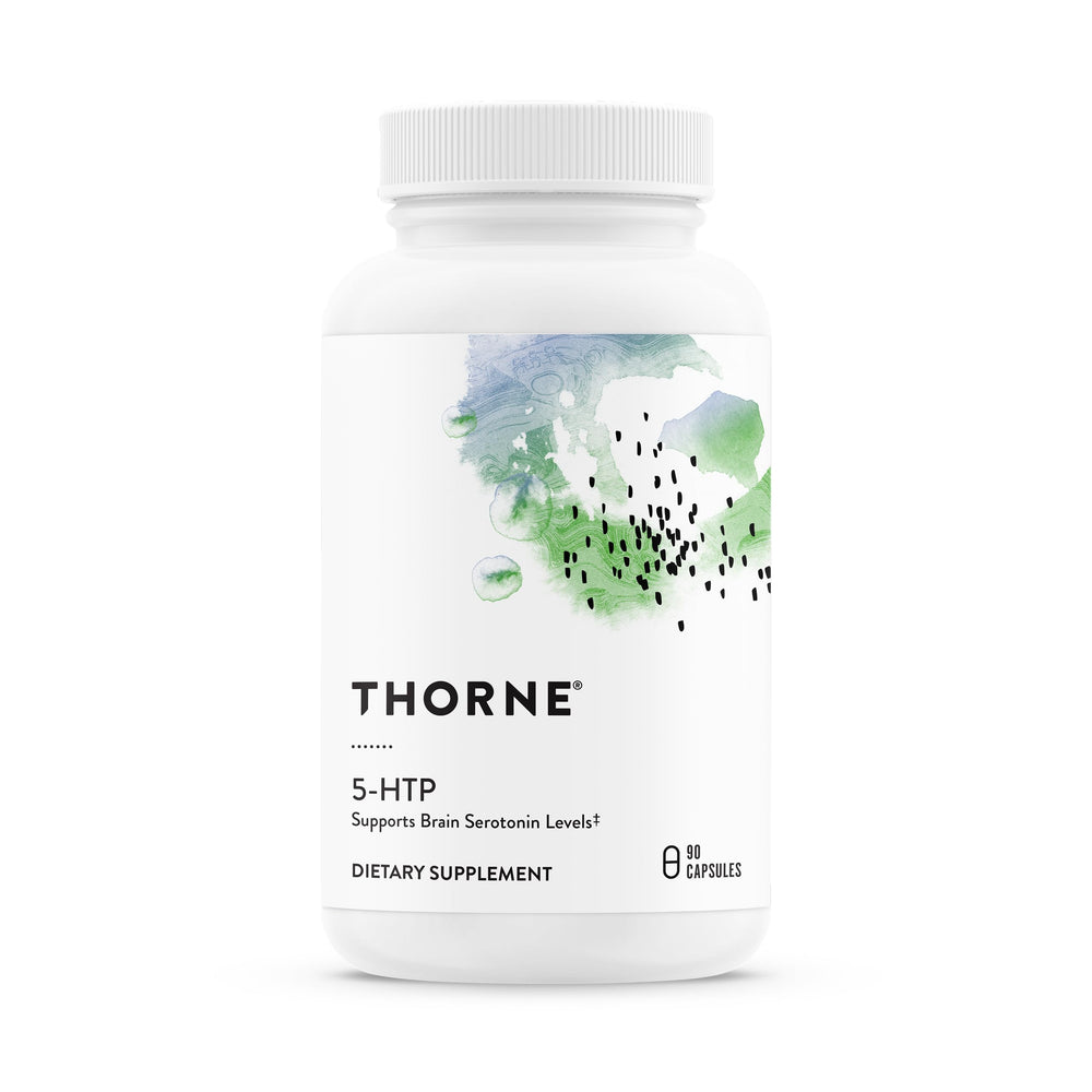 THORNE 5-HTP bottle label close-up showing brand and quality.