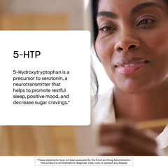 THORNE 5-HTP bottle on nightstand as part of routine.