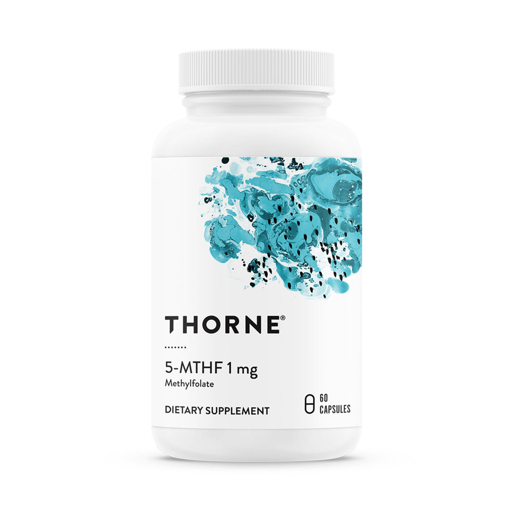 THORNE 5-MTHF bottle front highlighting methylfolate support for healthy methylation.