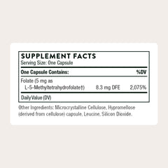 THORNE 5-MTHF label gloss shows product quality and purity testing.