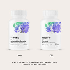 THORNE Advanced Iron Complex label highlights gluten, dairy, and soy-free formula.