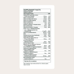 THORNE Basic Prenatal label highlights 18 vitamins and minerals at a glance