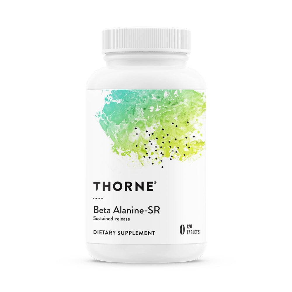 THORNE beta-alanine sustained-release bottle on bench showing endurance support.