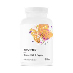 THORNE Betaine HCL & Pepsin bottle front showing reliable protein digestion support
