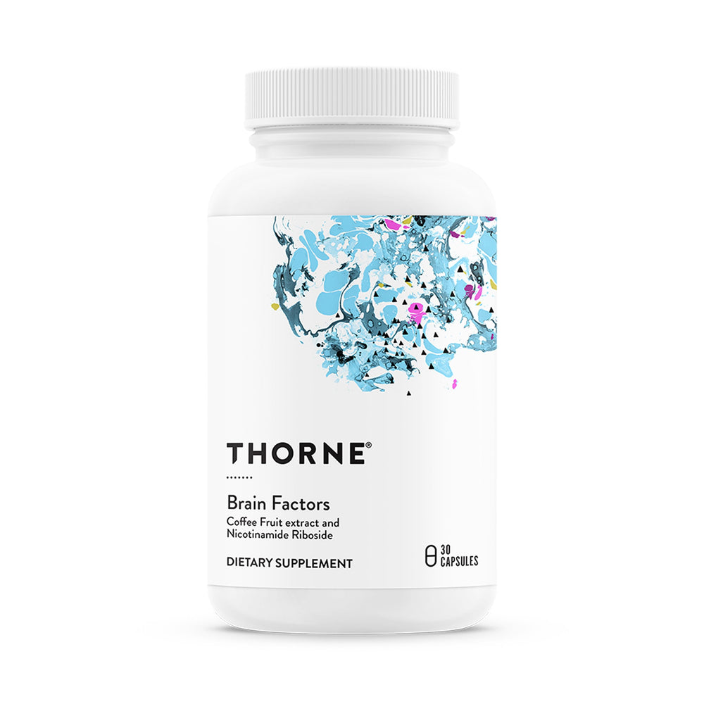 THORNE Brain Factors bottle front view highlighting NR and coffee fruit extract for focus.