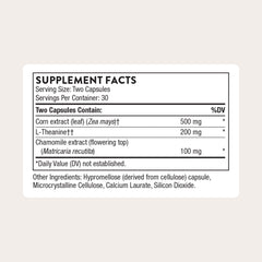 THORNE Deep Sleep Complex bottle back details ingredients and nightly use for relaxation support.