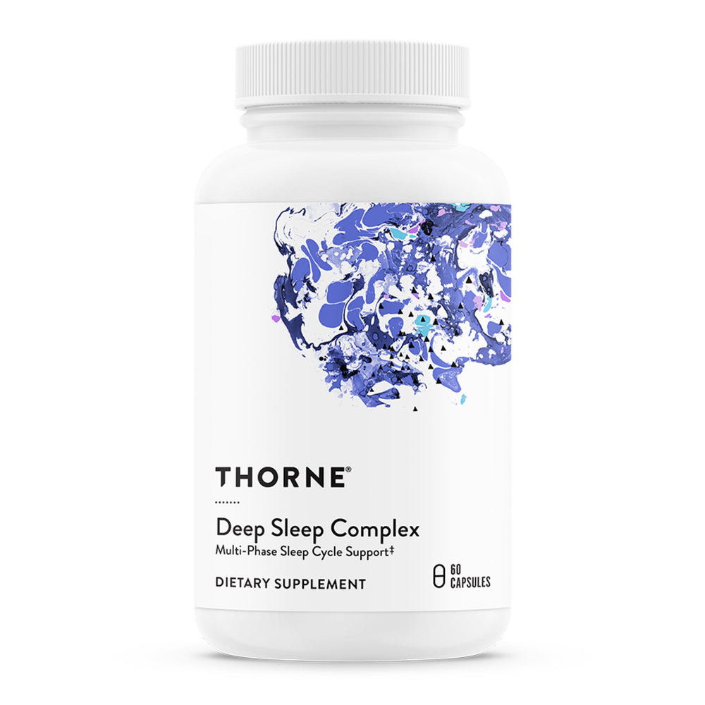 THORNE Deep Sleep Complex bottle front shows a calming, melatonin-free formula for nightly routines.
