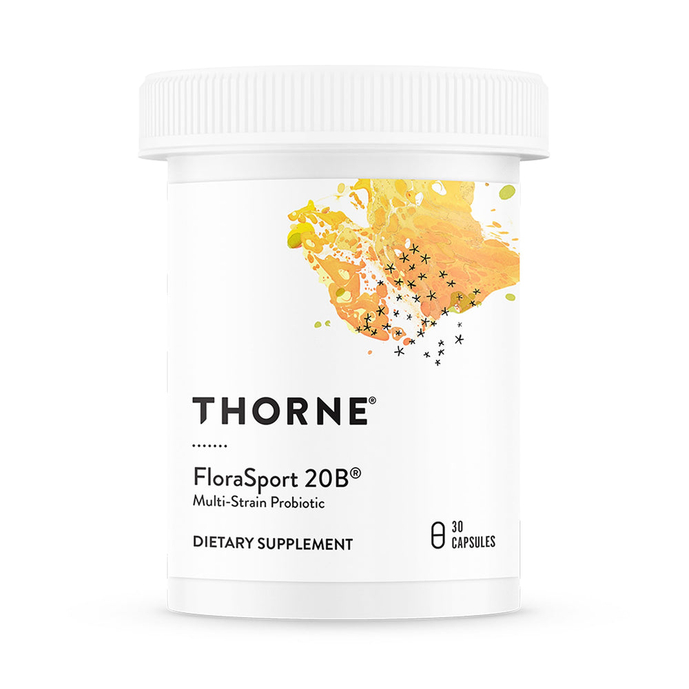 THORNE FloraSport 20B bottle front promotes daily probiotic support for digestion