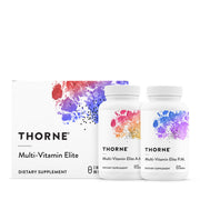 THORNE Multi-Vitamin Elite label close-up showing AM and PM formulas for daily wellness