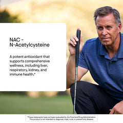 THORNE NAC capsules close-up indicating 500mg per capsule and easy daily use.