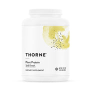 THORNE Plant Protein Vanilla tub shows premium vegan protein with complete amino acids.