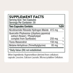THORNE ResveraCel capsules on white background indicating NR and resveratrol benefits.