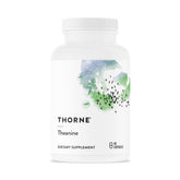 THORNE Theanine bottle label closeup showing 90 capsules for relaxation