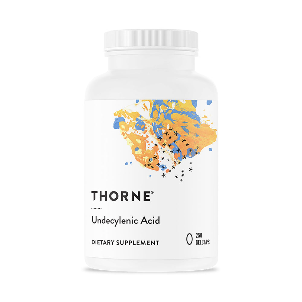 THORNE Undecylenic Acid bottle highlights gluten-free formula for daily gut balance