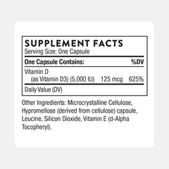 THORNE Vitamin D-5000 bottle cap close-up highlighting capsule count for easy daily use.
