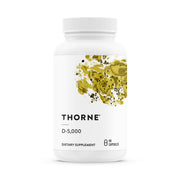 Thorne Vitamin D-5000 bottle closed showing packaging and potency benefits