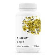 Thorne Vitamin D3 bottle close-up showing 1000 IU dosage for bone support