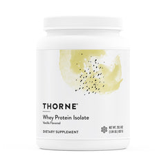 THORNE Whey Protein Isolate vanilla front packaging shows premium protein source for muscle support