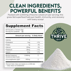 ThriveGut Colostrum Gold powder scoop illustrates versatile mixing for smoothies and drinks