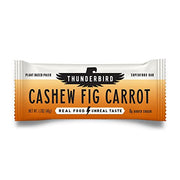 Thunderbird Bars front-pack shows cashew-fig-carrot flavor for quick energy.