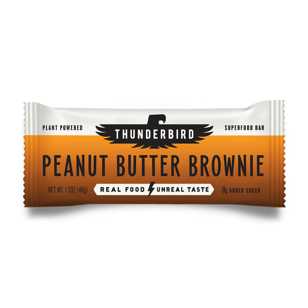 Thunderbird Real Food Bars peanut butter brownie packshot, gluten-free protein snack.