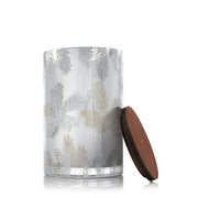 Thymes Frasier Fir candle in silver luminary enhances holiday ambience with pine scent