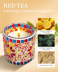 TIANSE mosaic glass candle dry-down notes cedarwood and musk create a warm ambiance.