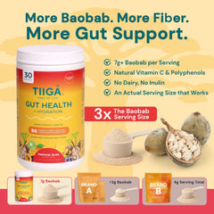 Close-up of Tiiga baobab scoop highlighting natural prebiotic fiber.