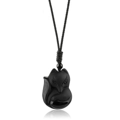 TIKCAUZ Fox Necklace with Obsidian pendant showcases natural stone and artisanal craftsmanship.