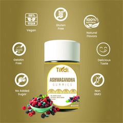 TIKDI Ashwagandha Gummy travel pack showing gluten-free and gelatin-free formula