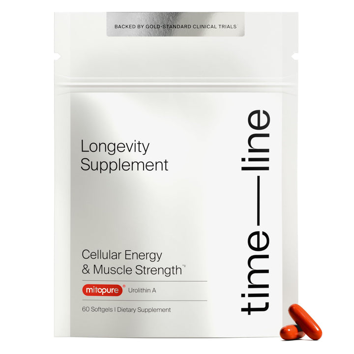 Timeline Mitopure softgel bottle for daily cellular energy support