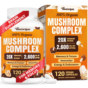 Tioewque bottle on kitchen counter showcases daily mushroom blend for focus.