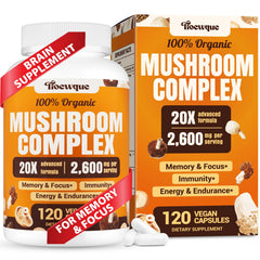 Tioewque bottle on kitchen counter showcases daily mushroom blend for focus.