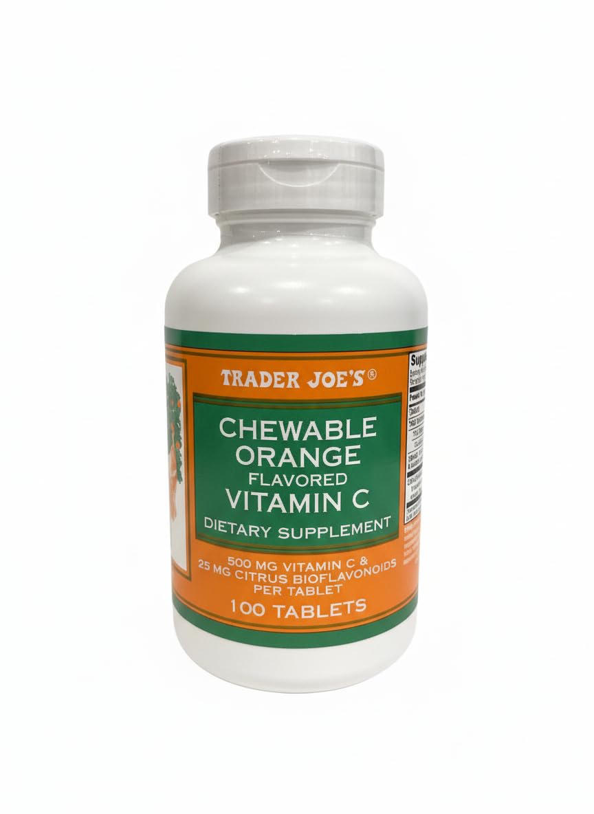 TJ's chewable orange Vitamin C bottle front, convenient daily supplement with citrus flavor.