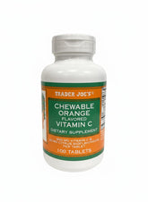 TJ's chewable orange Vitamin C bottle front, convenient daily supplement with citrus flavor.
