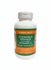 TJ's chewable orange Vitamin C bottle front, convenient daily supplement with citrus flavor.